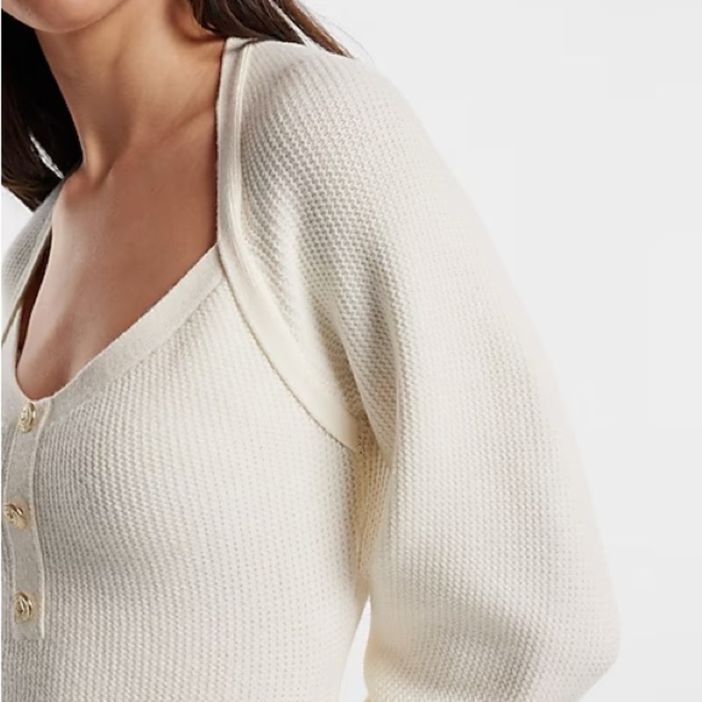 EXPRESS SWEATER DRESS BALLOON  SLEEVES BUTTON DETAIL WINTER WHITE NWT SZ MED - Picture 3 of 6